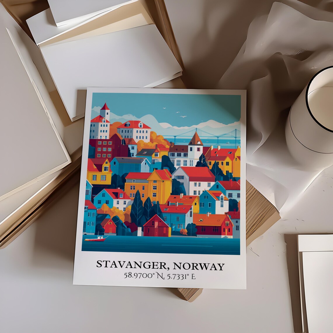 Stavanger Norway Old Town Harbor Colorful Houses Travel Poster - Image 5