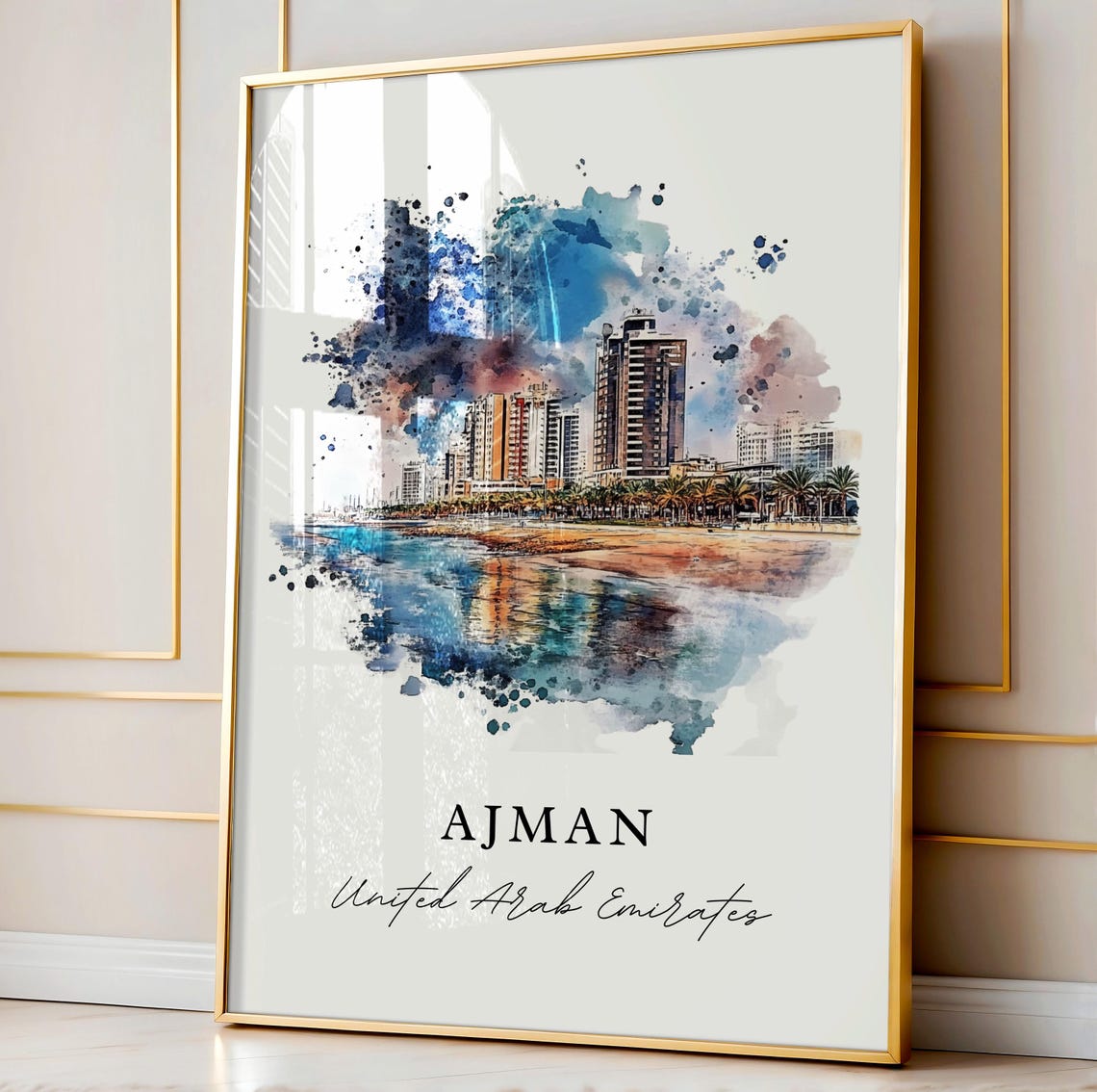 Ajman UAE Watercolor Beachfront Towers Splash Coast City Poster - Image 4