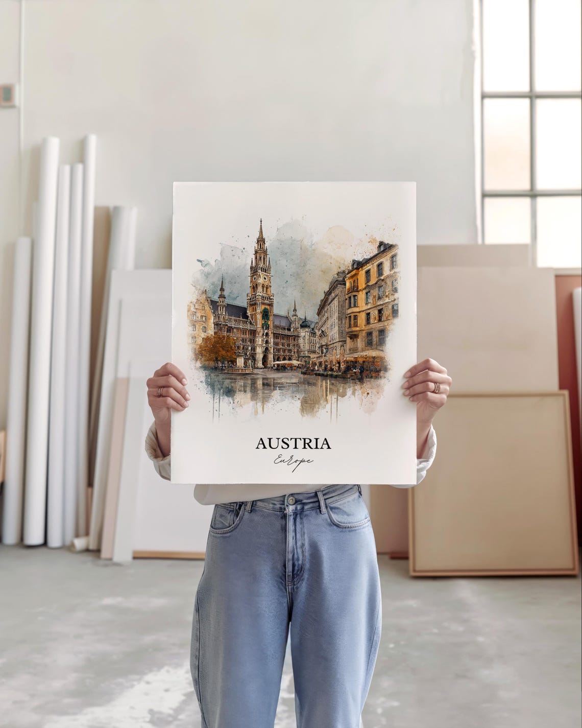 Austria Historic Town Hall Plaza Watercolor Europe Travel Poster - Image 4