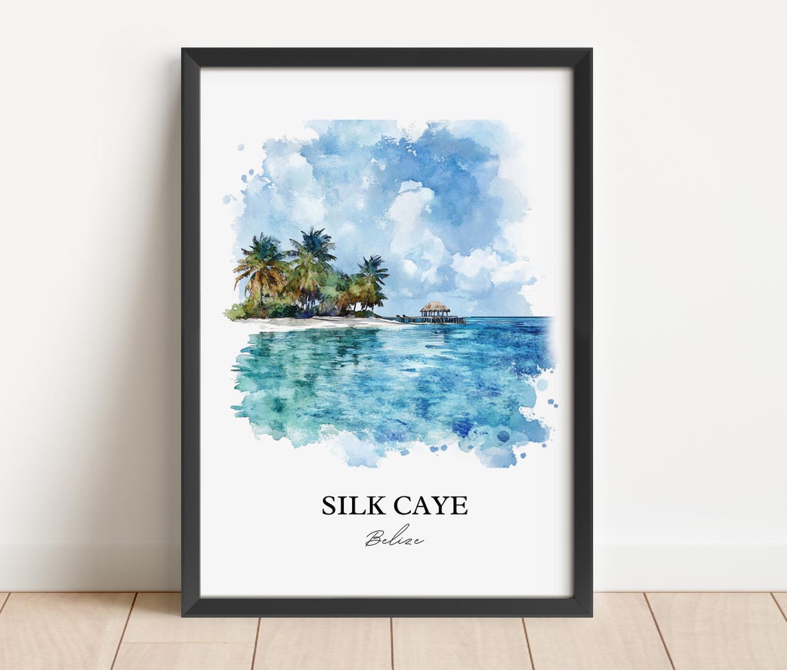 Silk Caye Belize Tropical Island Watercolor Ocean Beach Scene Poster - Image 2