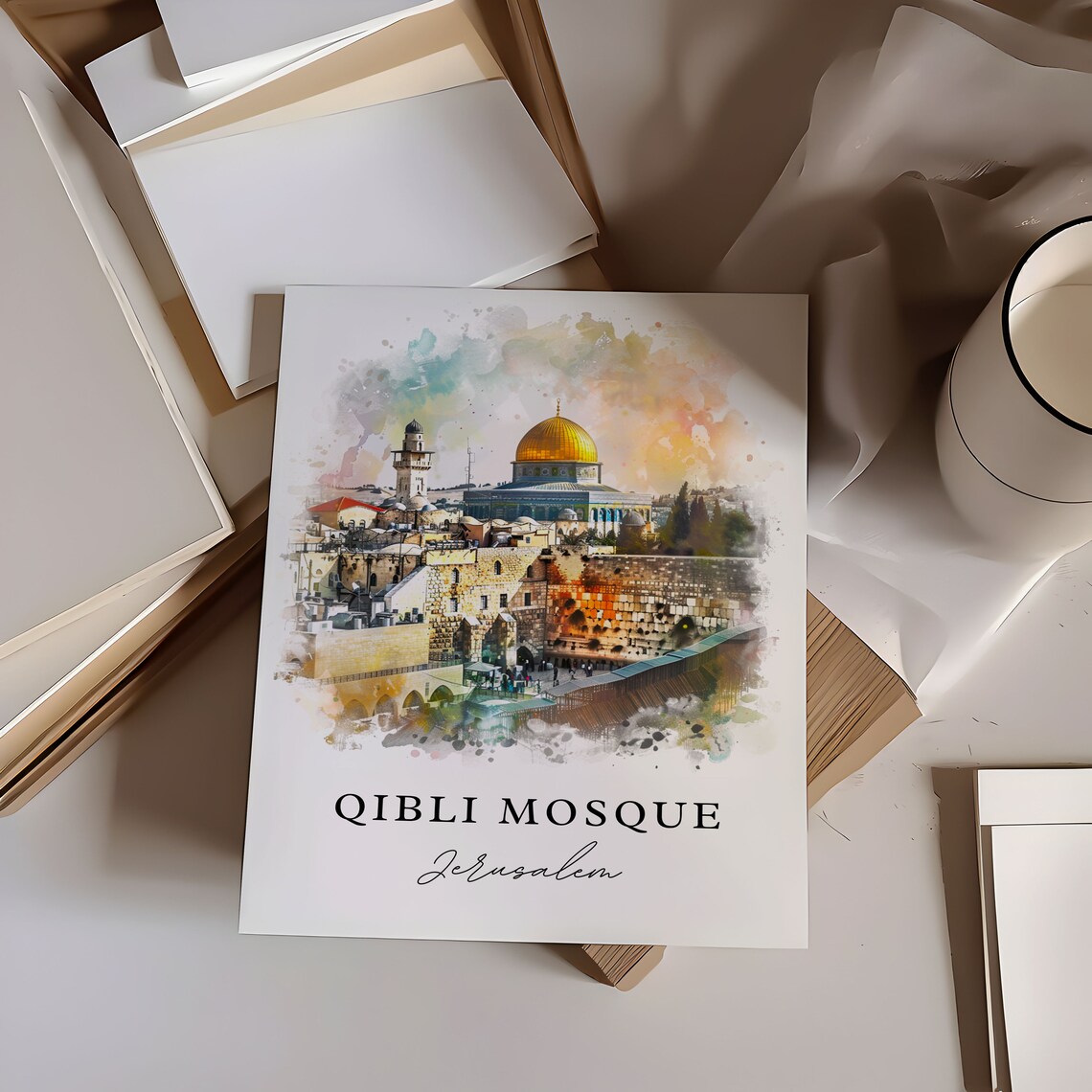 Qibli Mosque Jerusalem Watercolor Art Golden Dome Old City Poster - Image 6