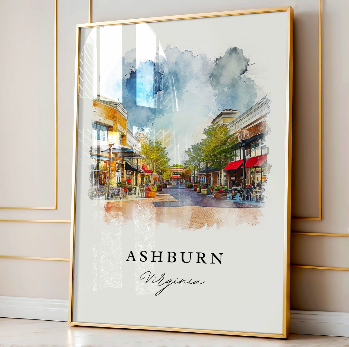 Ashburn Virginia Watercolor Pedestrian Shopping Street Scene Poster - Image 4