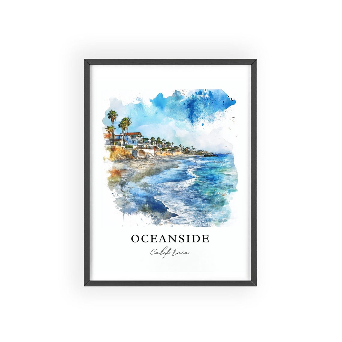 Oceanside California Beach Cliff Palms Watercolor Travel Poster