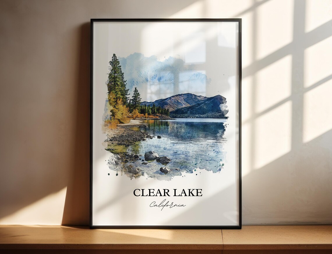 Clear Lake California Rocky Shoreline Watercolor Lake Landscape Poster