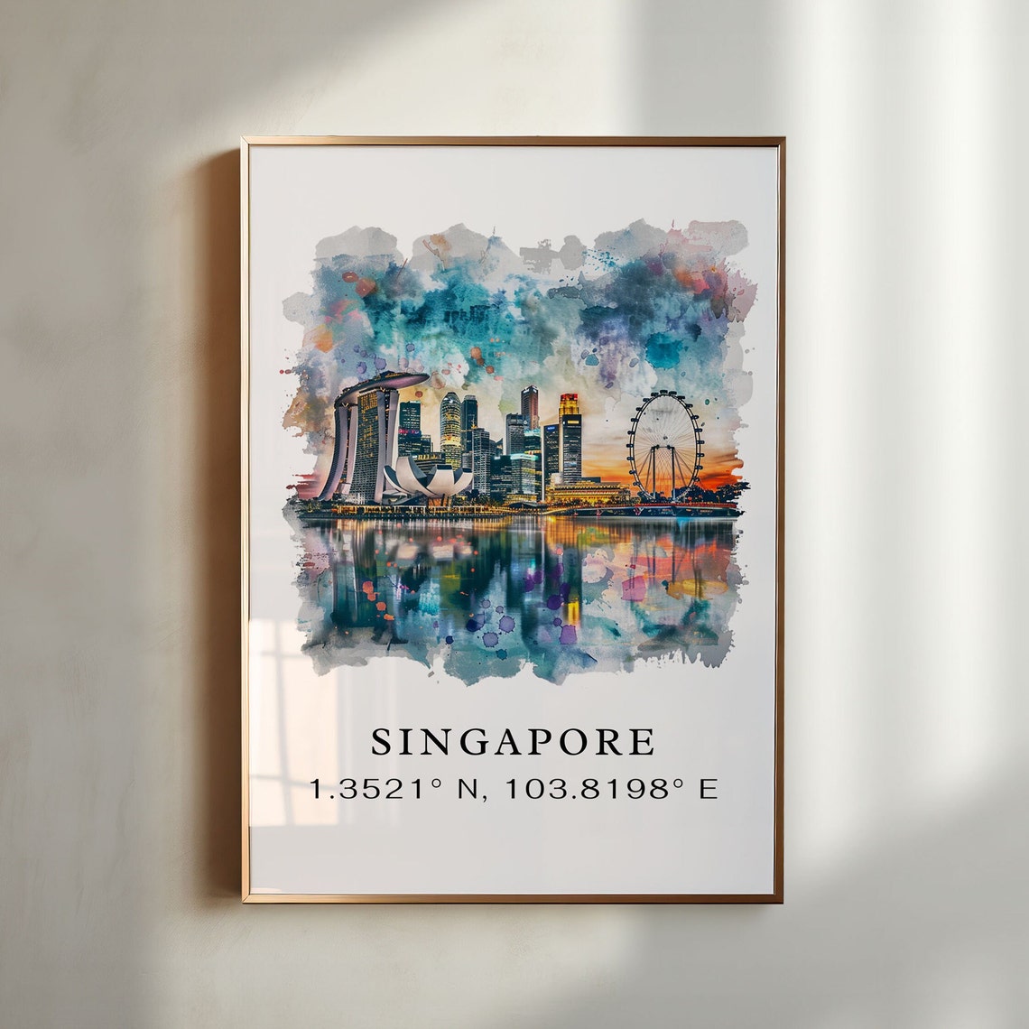 Singapore Skyline Watercolor Marina Bay Cityscape Travel Poster