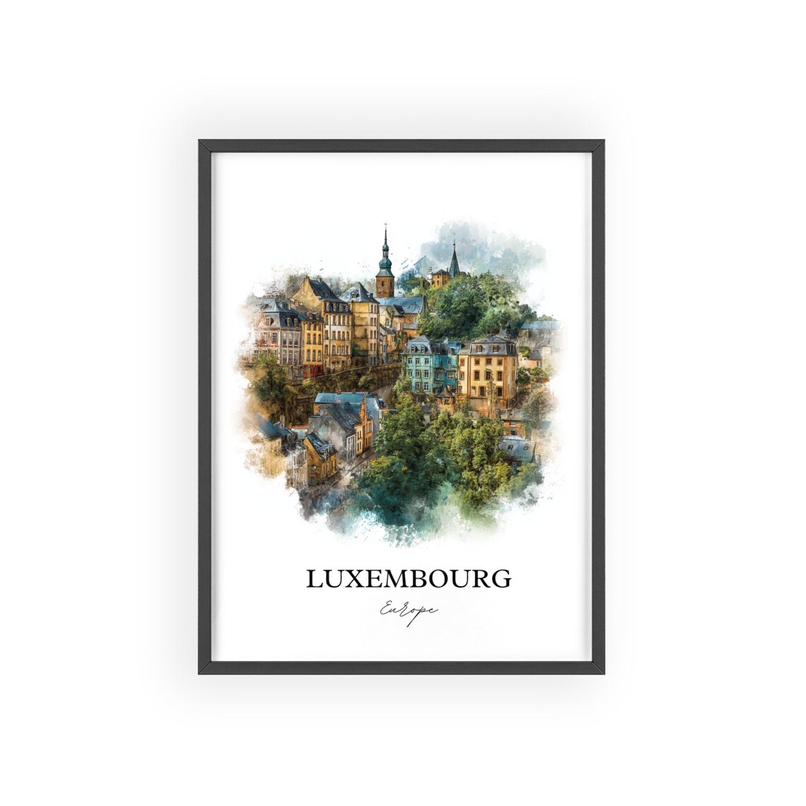 Luxembourg Old City Hillside Watercolor Europe Travel Poster - Image 2