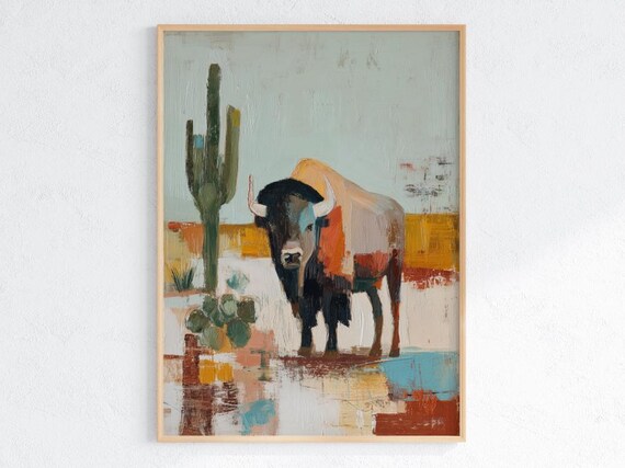 Abstract Bison And Cactus Poster Modern Western Desert Wall Art Rustic Southwest Buffalo Painting Print Cowboy Ranch Home Decor
