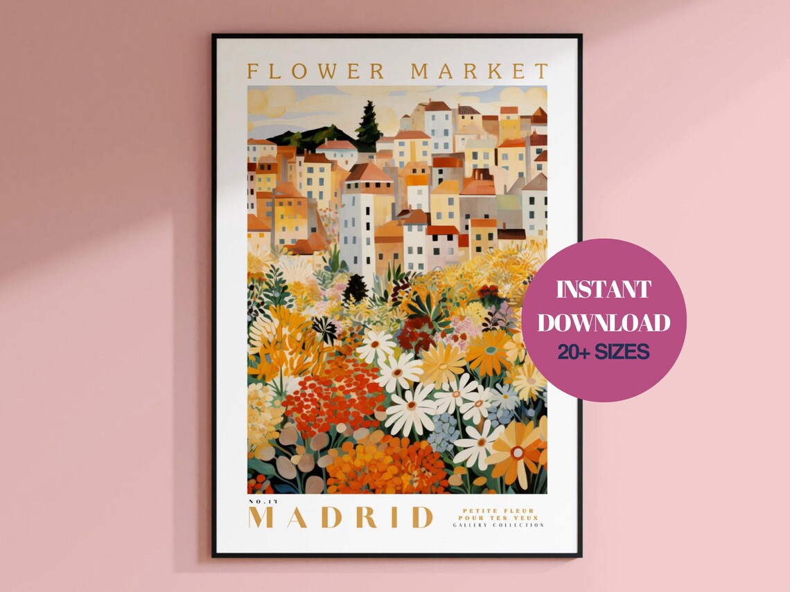Madrid Flower Market, Botanical Floral Travel Poster