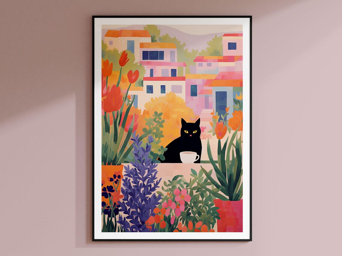 Coffee Cat, Flowers And Cats Art Print