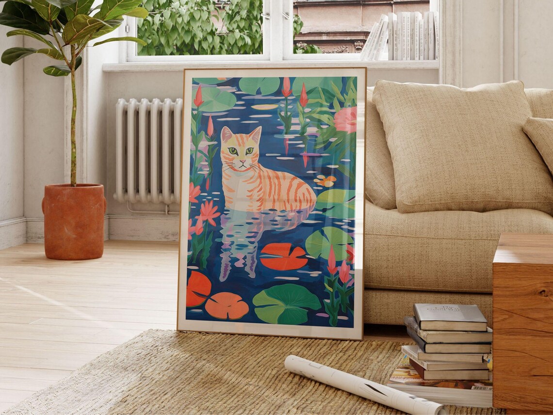 Orange Tabby Cat Wading Through Water Lily Pond Botanical Poster - Image 2