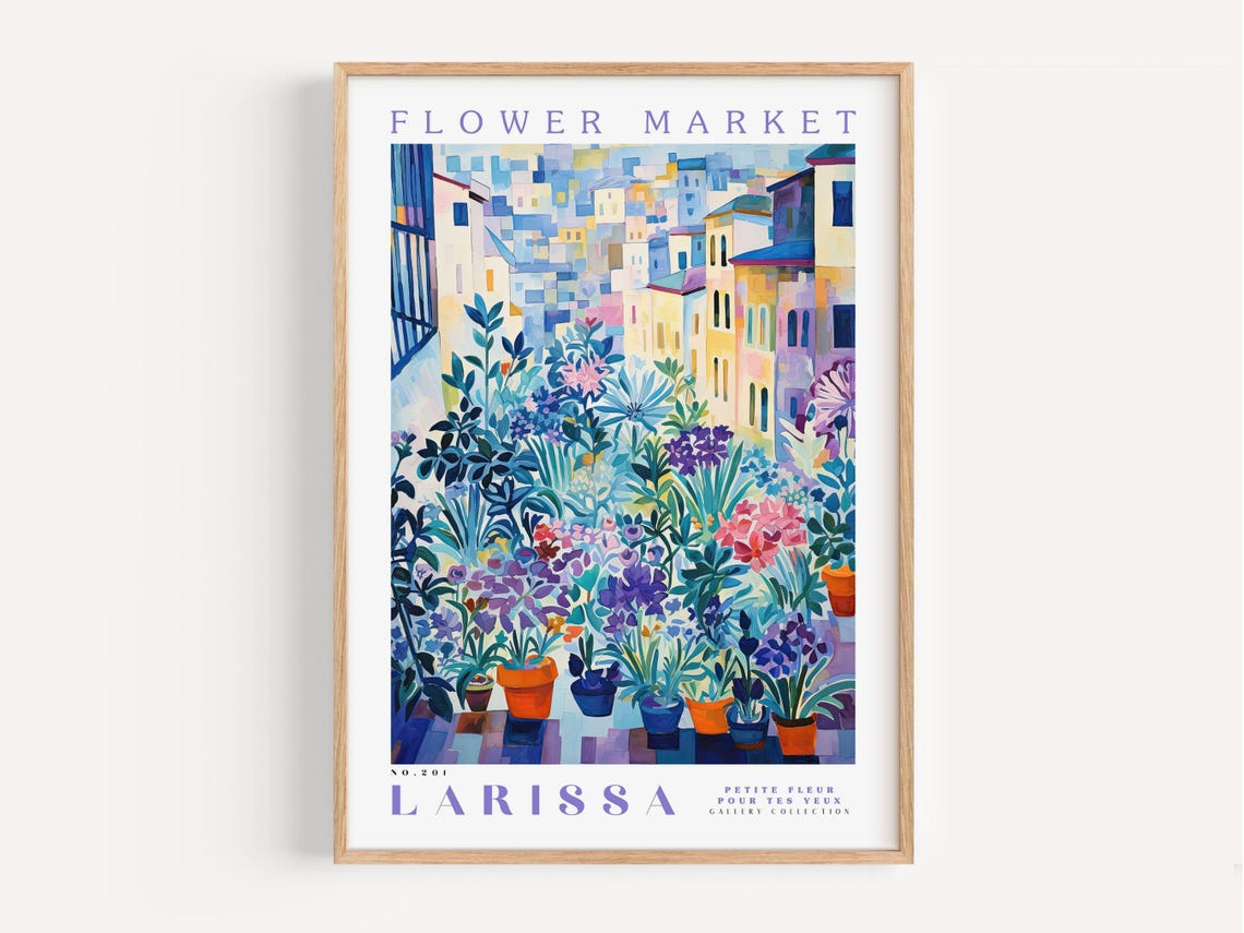 Larissa Greece Flower Market Blue Hues Watercolor Botanical Poster