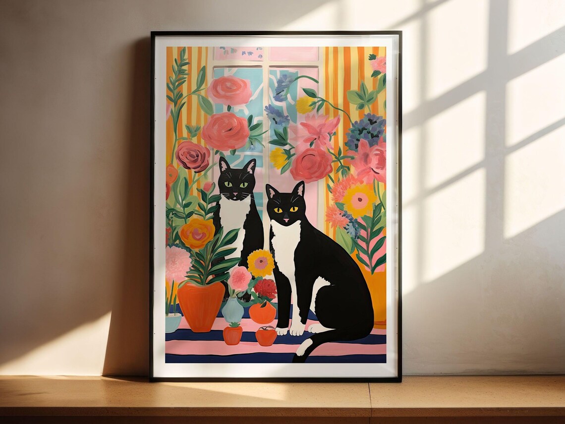 Two Black and White Tuxedo Cats Among Flowers Illustration Art Poster - Image 2