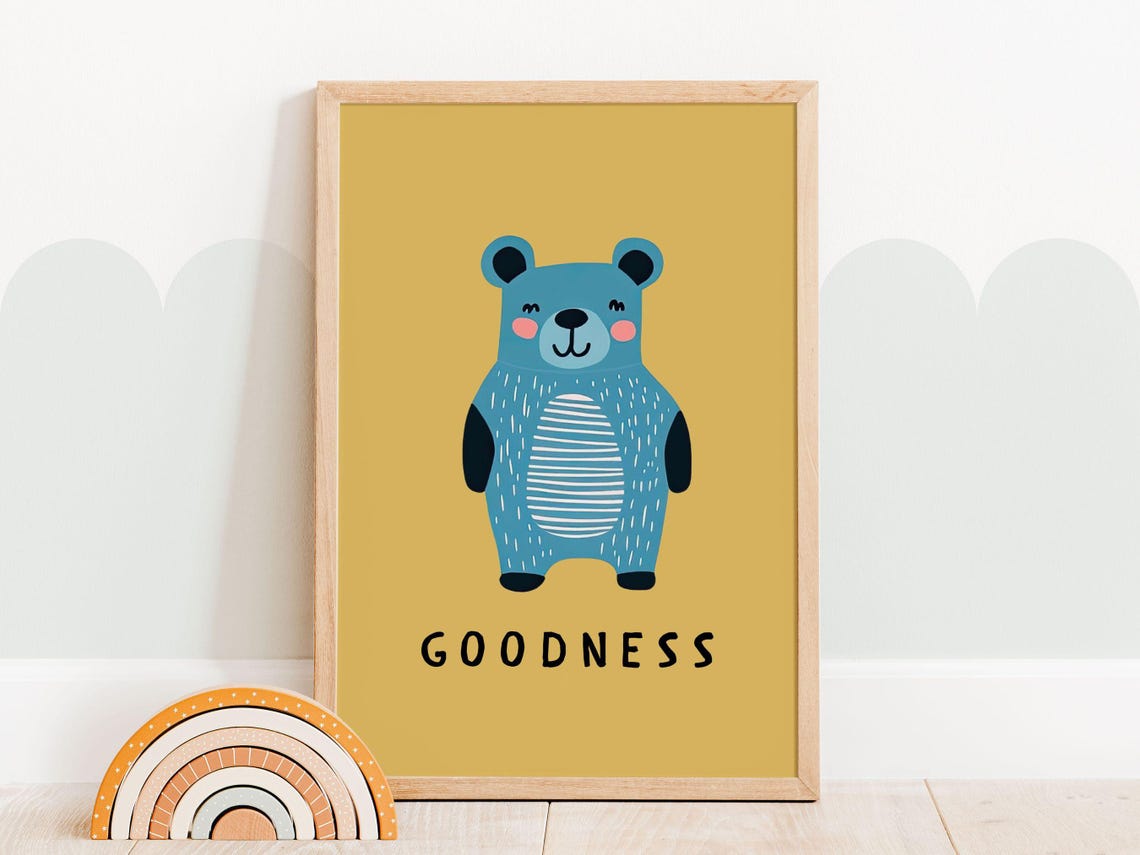 Blue Bear Goodness Nursery Poster Mustard Background Kids Wall Decor