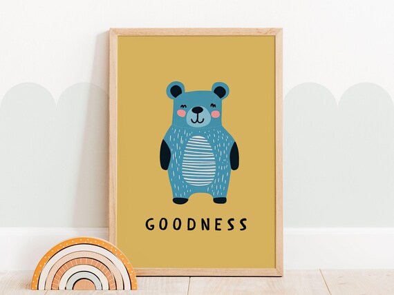 Blue Bear Goodness Nursery Poster Mustard Background Kids Wall Decor