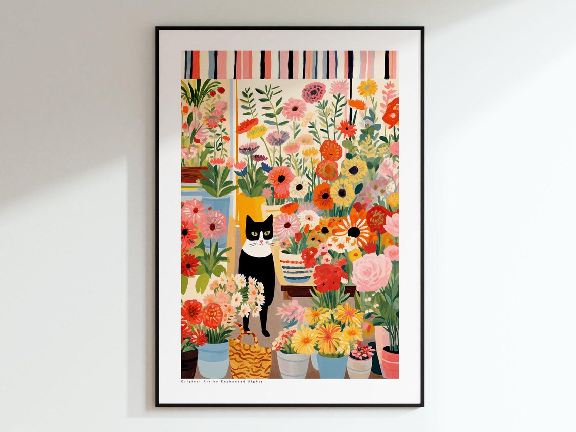 Black and White Tuxedo Cat in a Flower Shop Floral Art Poster