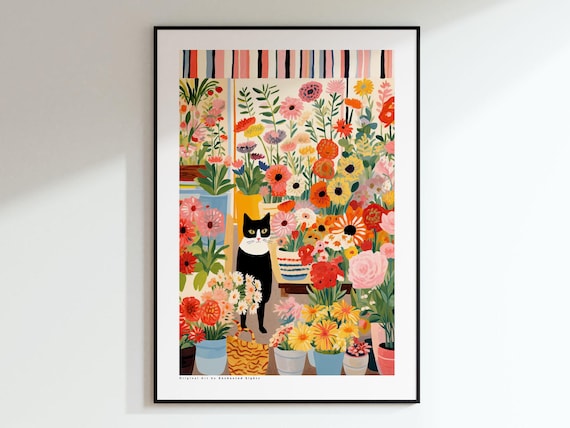 Black and White Tuxedo Cat in a Flower Shop Floral Art Poster
