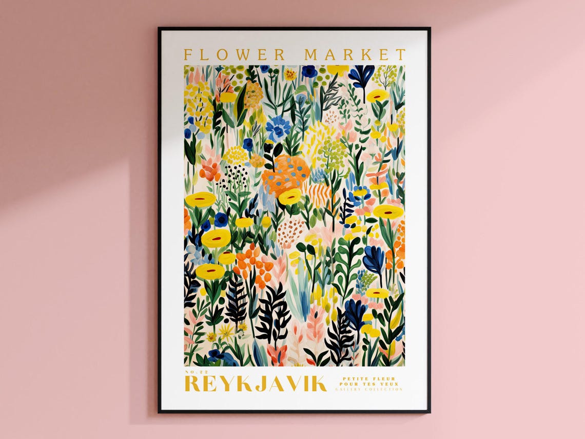 Reykjavik Flower Market Travel Poster, Botanical Art