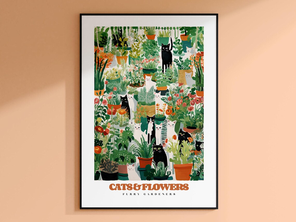 Playful Cats and Flowers Among Potted Plants Botanical Wall Poster