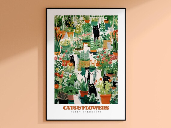 Playful Cats and Flowers Among Potted Plants Botanical Wall Poster
