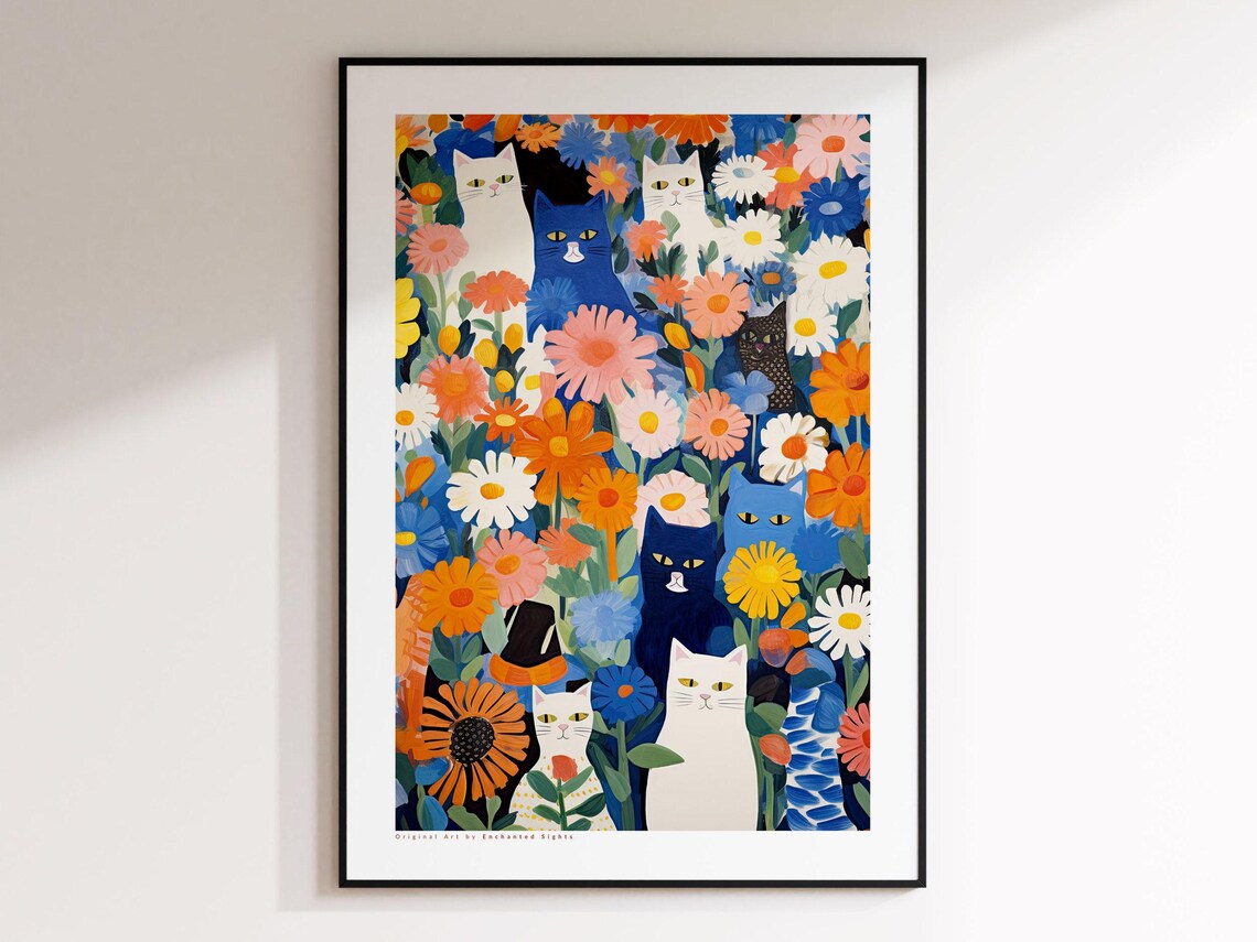 Whimsical Cats Peeking Out Among Bright Daisies Floral Art Poster