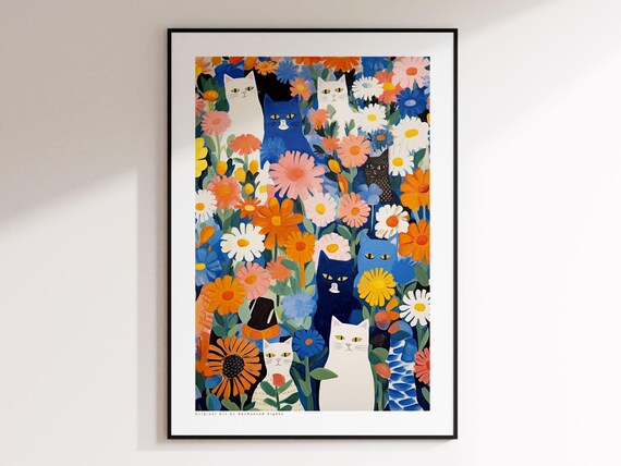 Whimsical Cats Peeking Out Among Bright Daisies Floral Art Poster