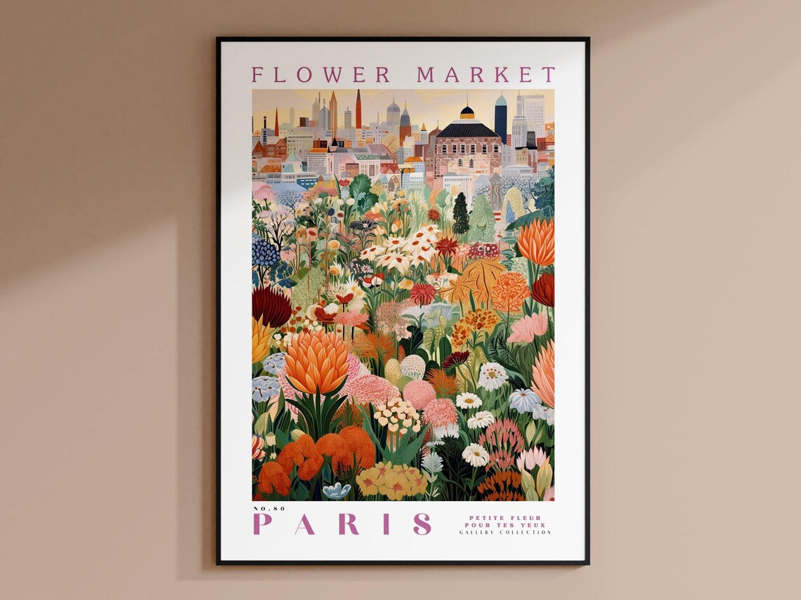 Flower Market Paris Travel Art Poster, Botanical