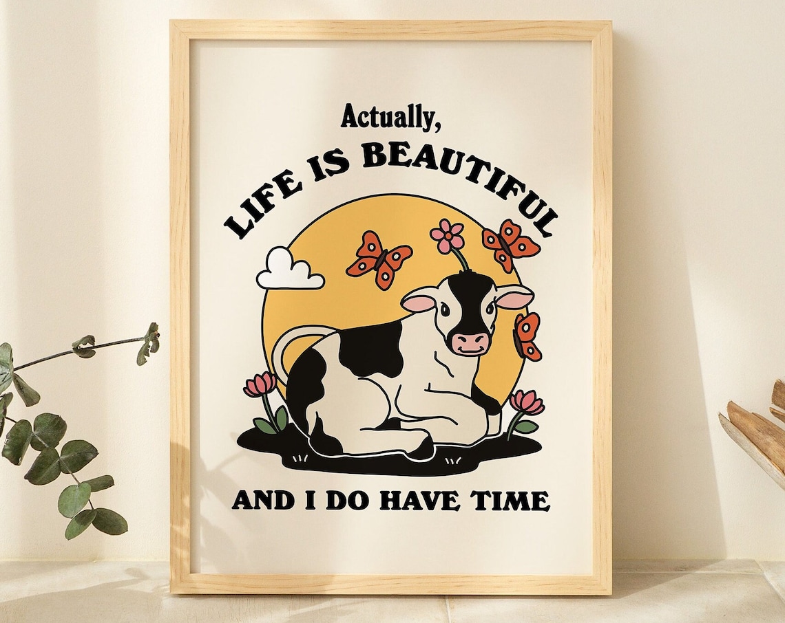 Cute Cow Quote Print, Retro Cottagecore Farm Art