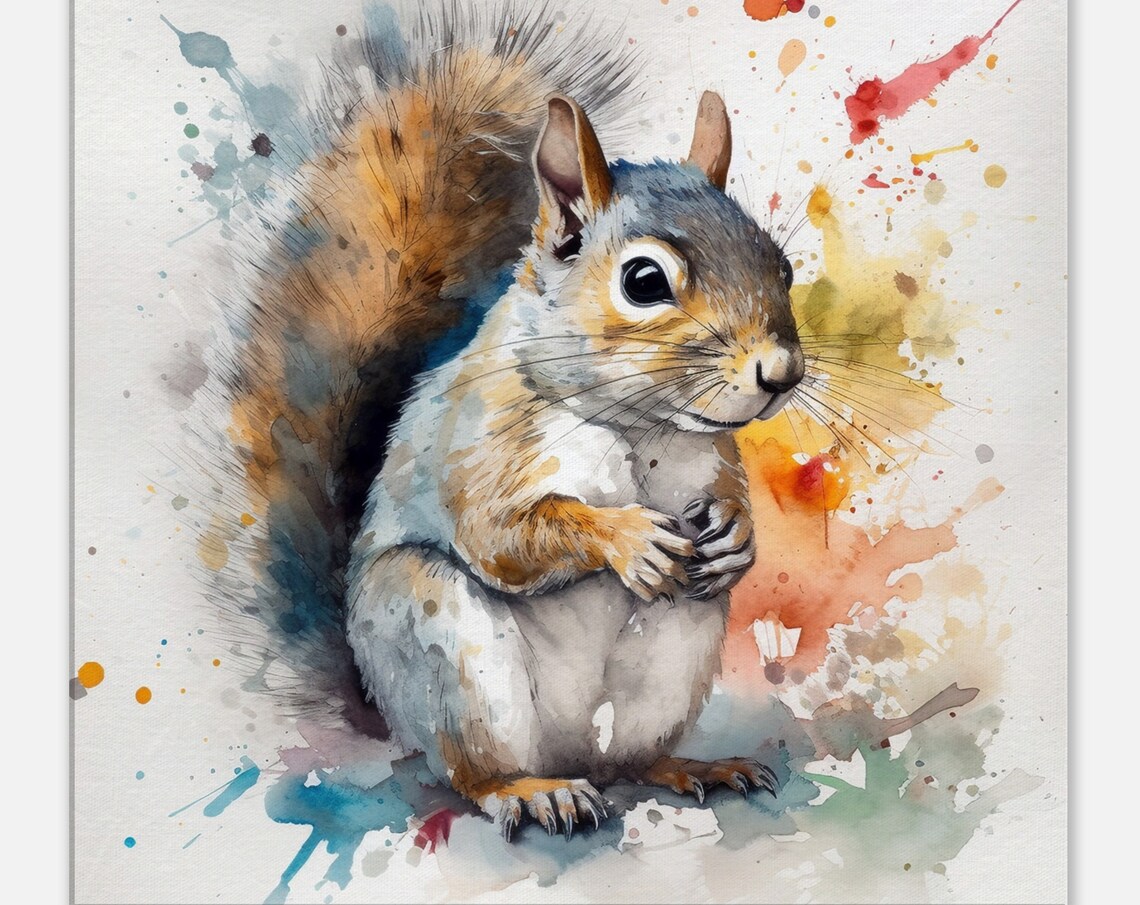 Gray Squirrel Close Up Portrait Watercolor Splash Animal Art Poster