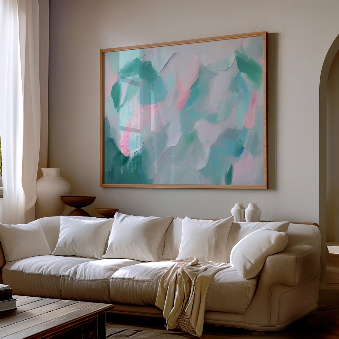 Soft Pastel Abstract Oil Painting Mint Pink Minimalist Art Wall Print - Image 3