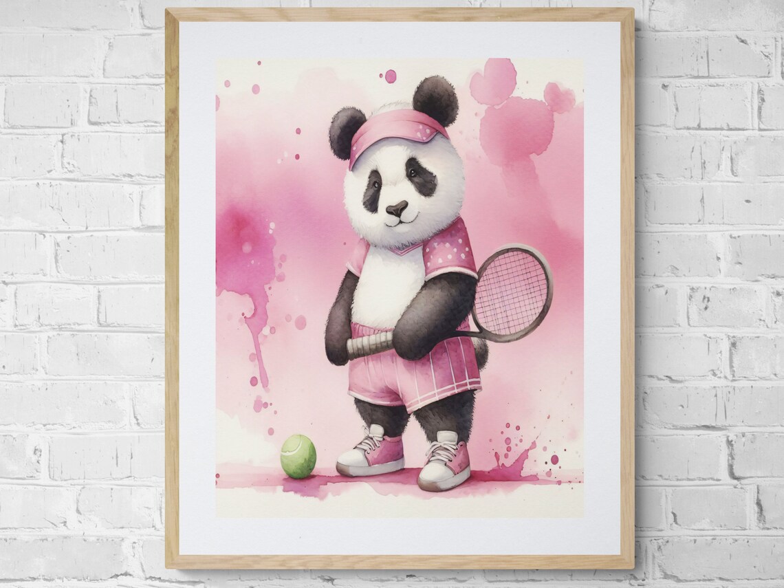 Panda Tennis Player Pink Watercolor Cute Nursery Sports Animal Poster
