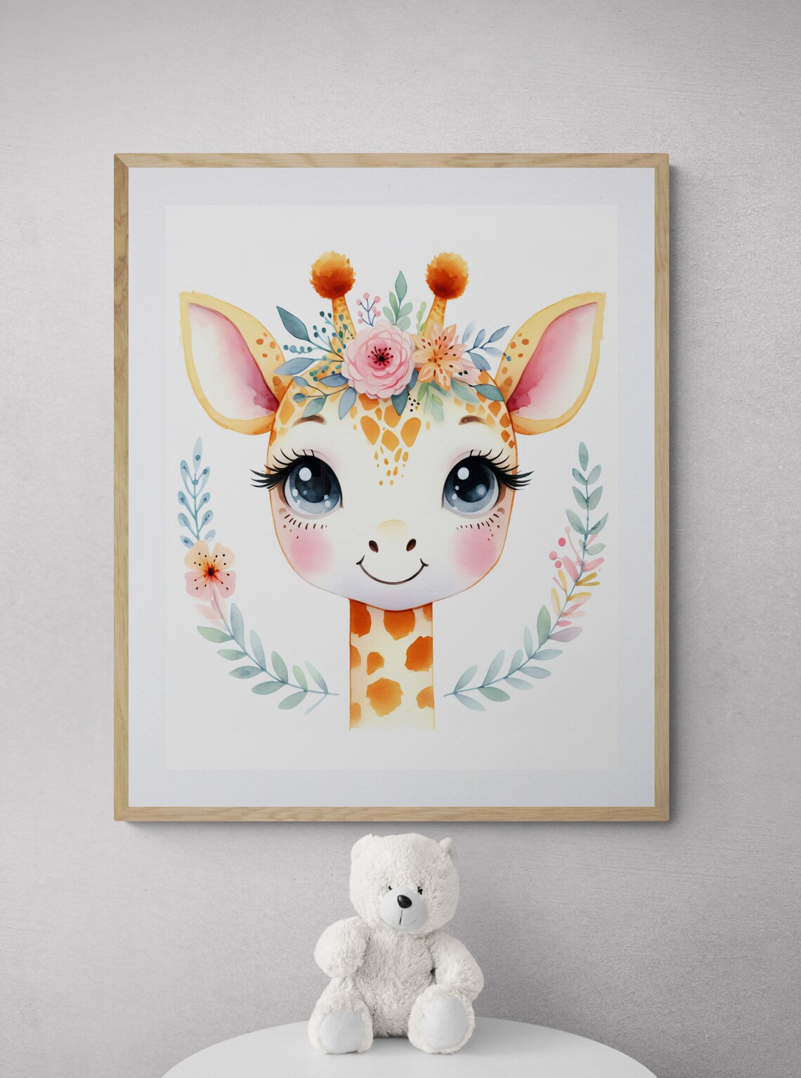 Cute Giraffe with Floral Crown Watercolor Baby Girl Nursery Art Poster - Image 3