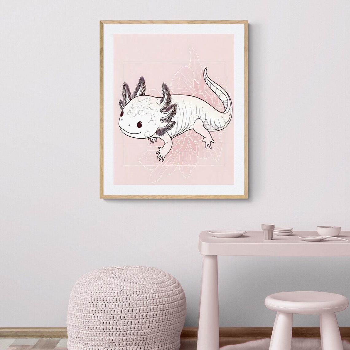 Axolotl Line Art Pink Minimalist Cute Nursery Animal Wall Decor Poster - Image 4