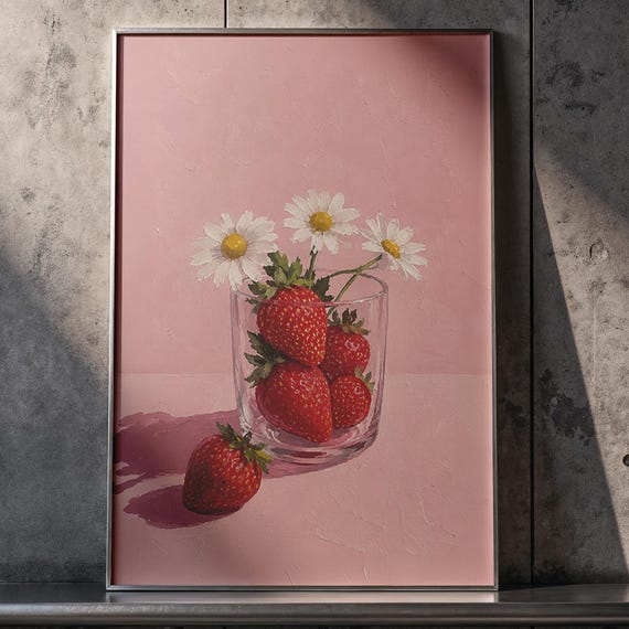 Strawberry And Daisy Poster Print, Still Life Botanical