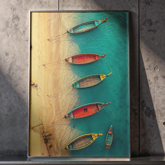 Colorful Tropical Fishing Boats Turquoise Shoreline Aerial Poster