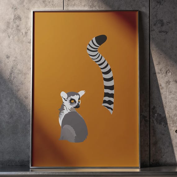 Minimalist Ringtailed Lemur On Mustard Yellow Background Wall Art