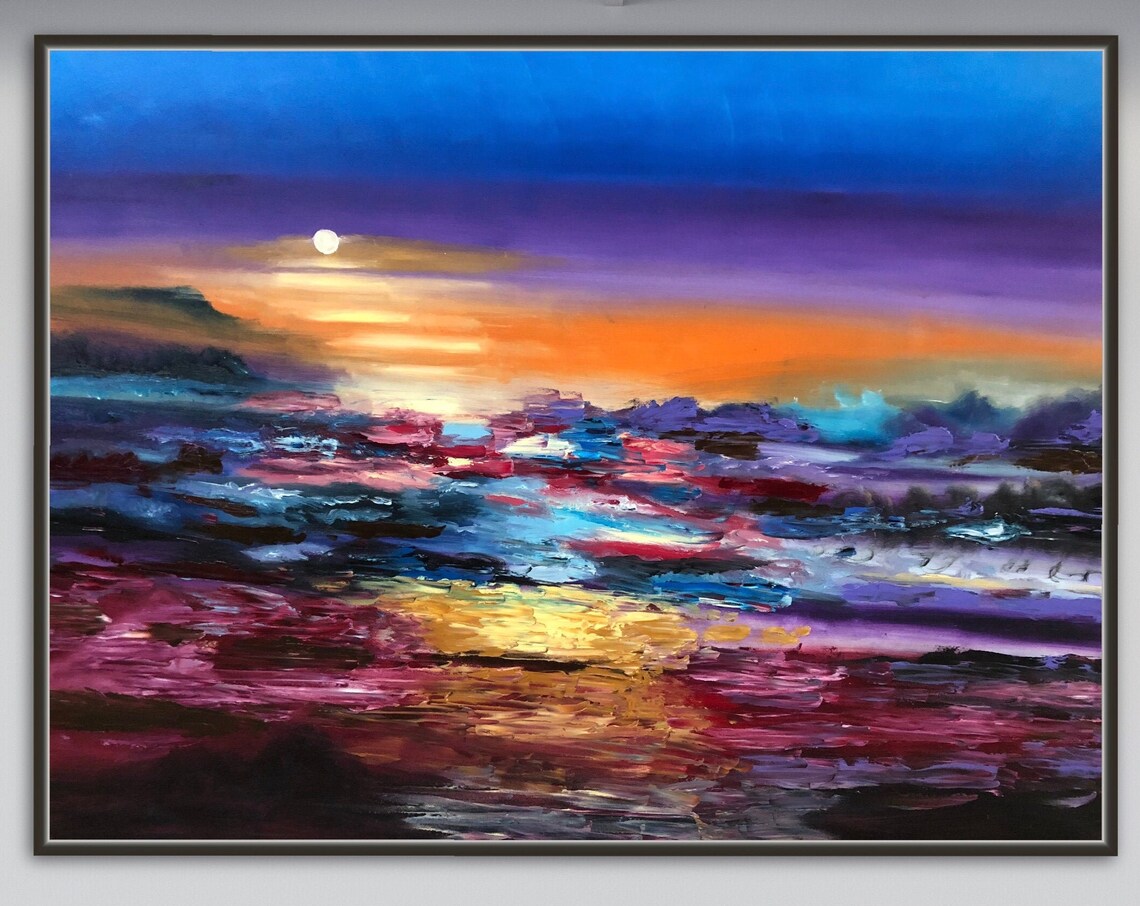 Moonlit Ocean Waves Abstract Painting Purple Orange Sea Night Sky Poster - Image 2