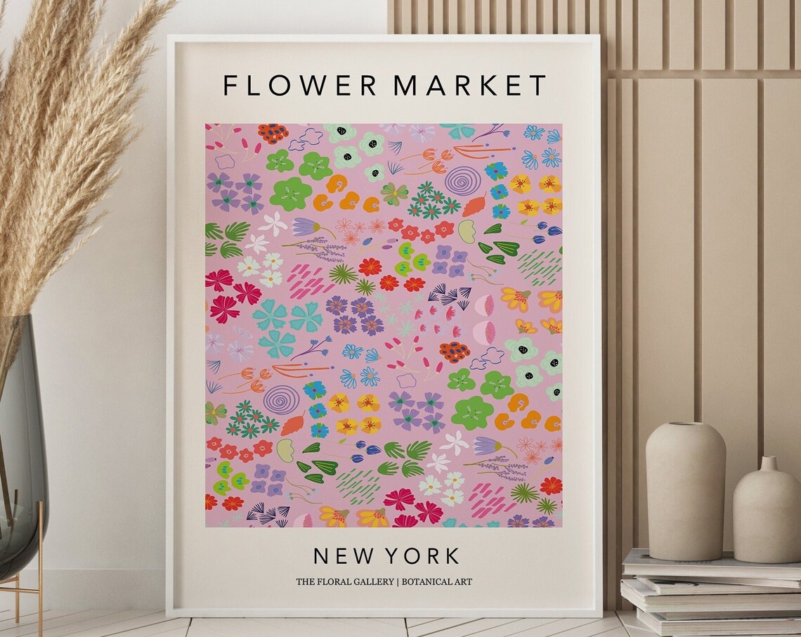 Pink Flower Market New York Ditsy Floral Boho Botanical Art Poster