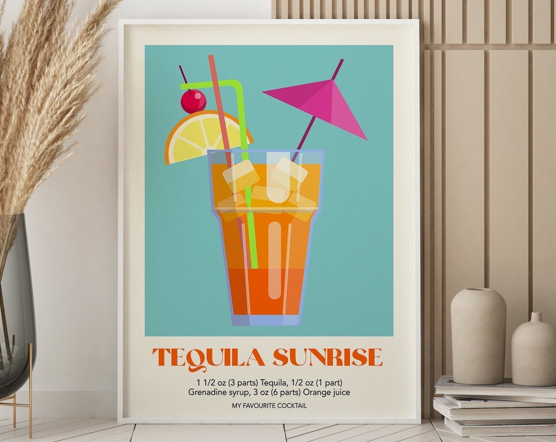 Tequila Sunrise Cocktail Recipe Retro Kitchen Bar Style Poster - Image 2