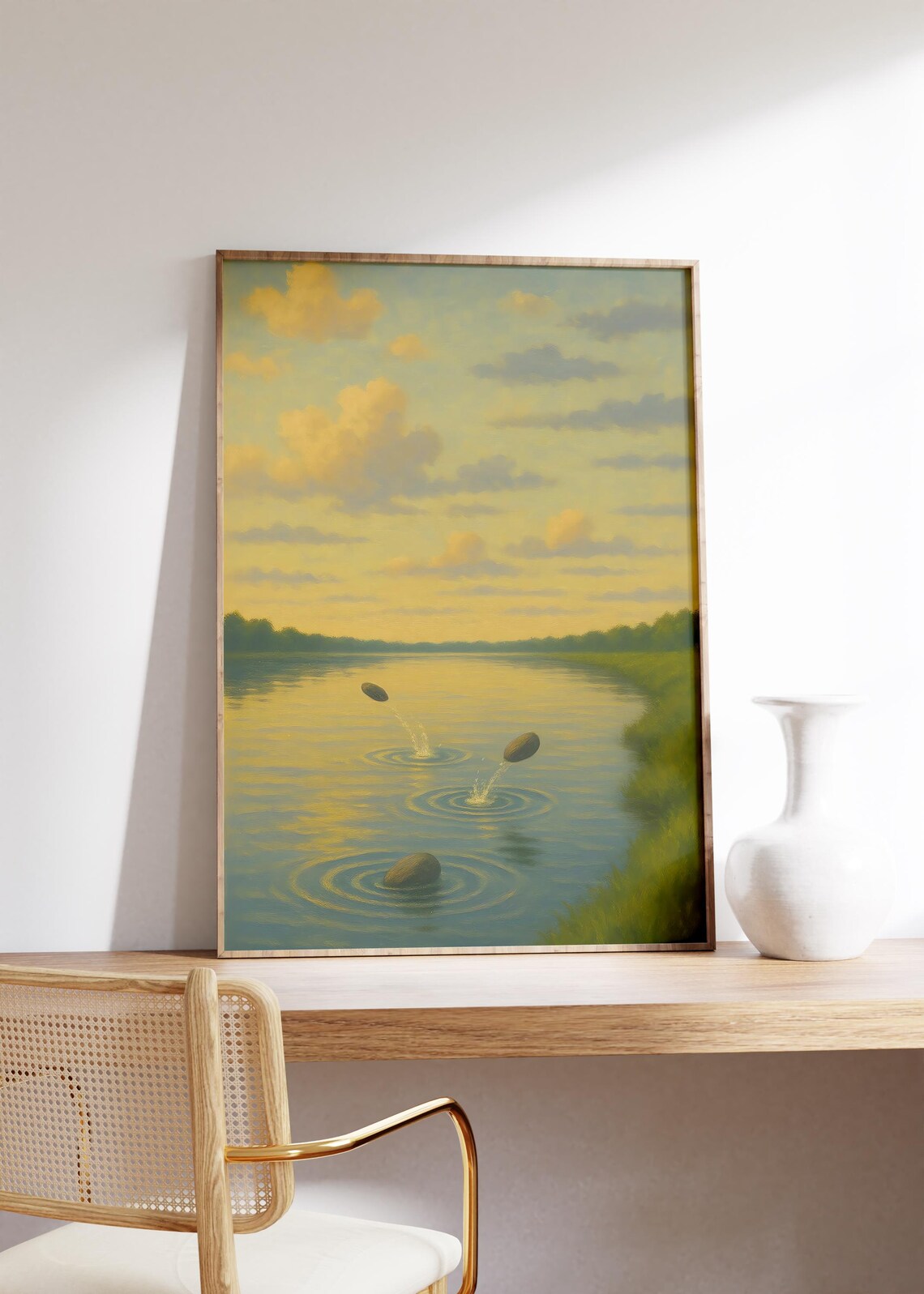 Skipping Stones Across Golden River at Soft Evening Sky Poster