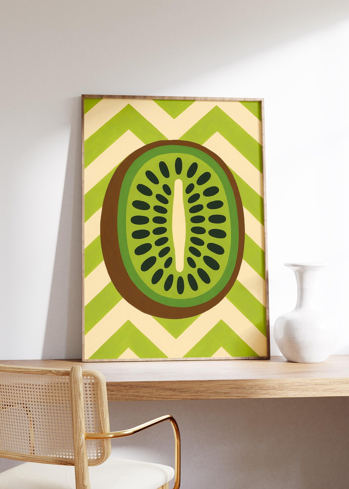 Bold Kiwi Fruit Cross Section on Green Cream Chevron Background Poster