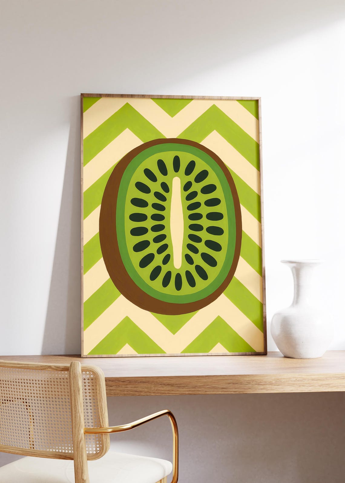 Kiwi Wall Art Print Flat Fruit Illustration Green Chevron Background Bold Contrast Retro Kitchen Decor Playful Food Design Fresh Vibe