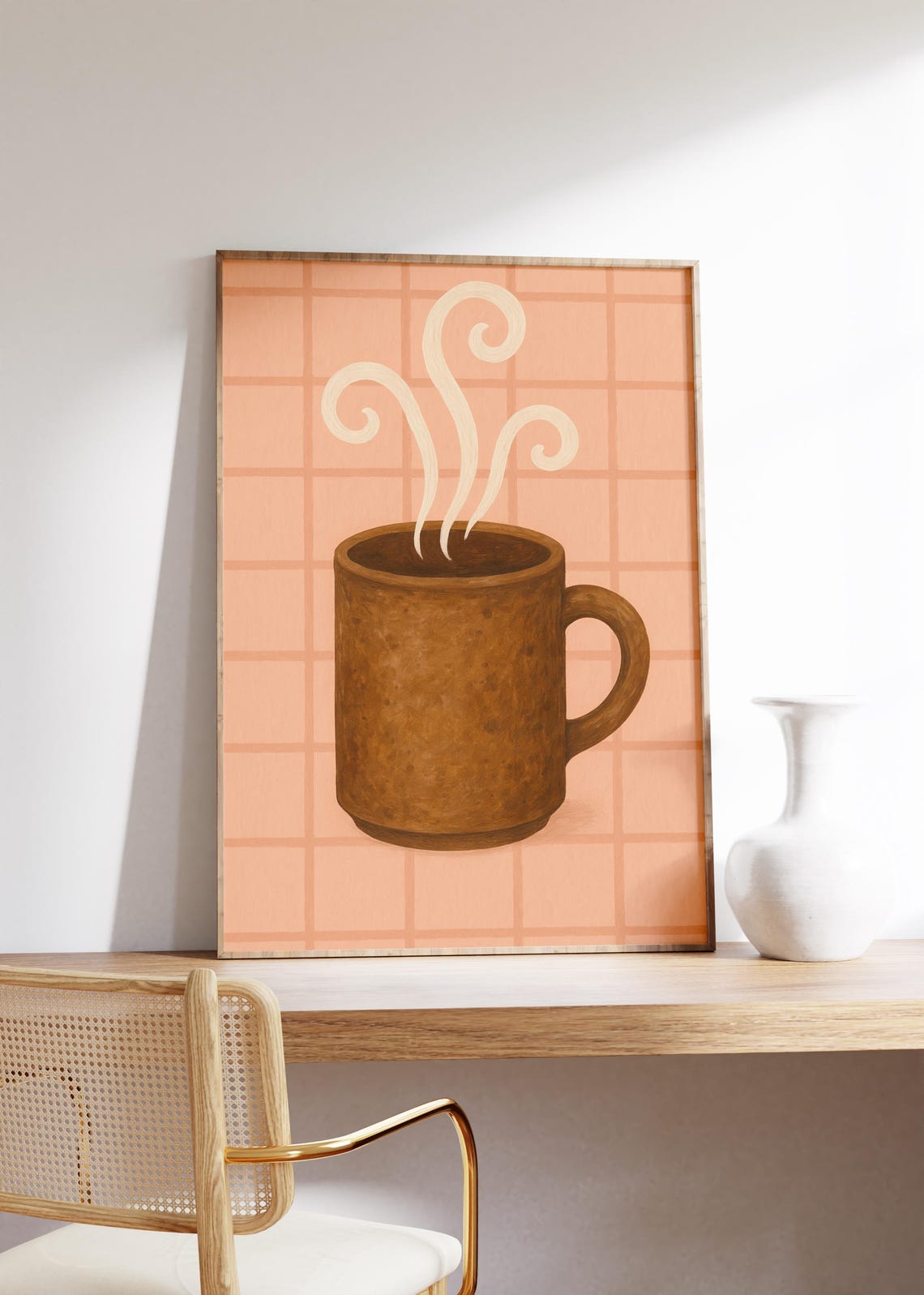 Steaming Rustic Ceramic Coffee Mug Blush Pink Grid Background Poster