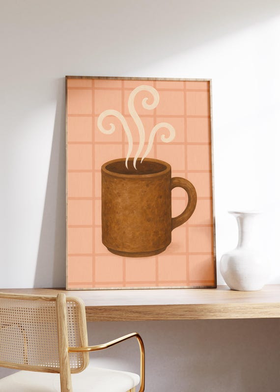 Rustic Mug Wall Art Print Ceramic Coffee Decor Blush Grid Background Warm Earthy Tones Cozy Kitchen Vibe Steam Swirl Illustration