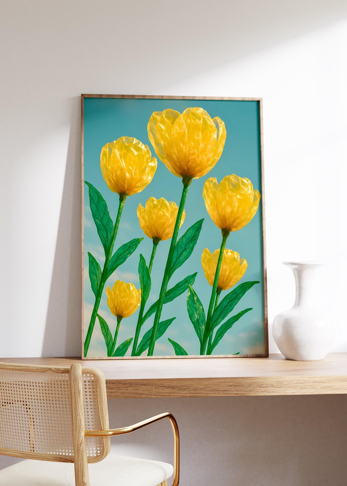 Golden Yellow Wax Tulips Teal Sky Spring Botanical Art Poster