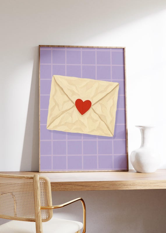 Love Letter Wall Art Print Pastel Tones Kawaii Style Romantic Decor Heart Seal Grid Background Note Vibe Cute Accent