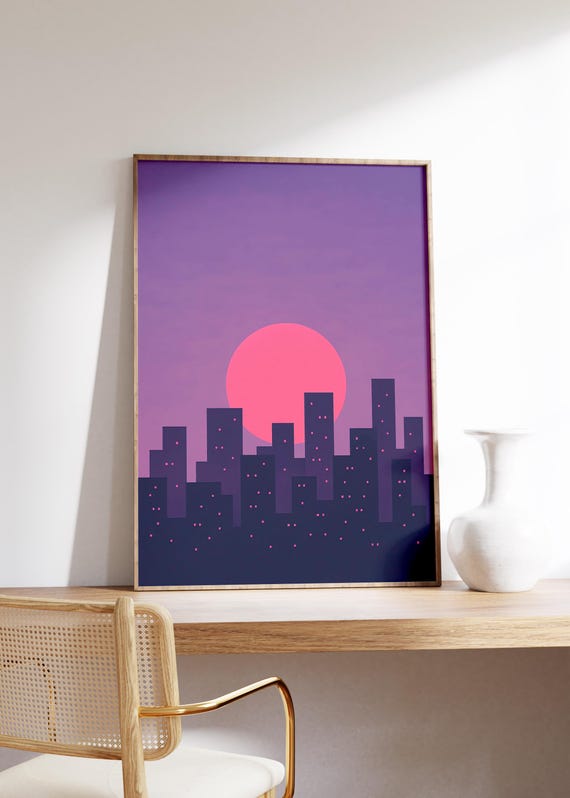Neon Skyline Moon Wall Art Print Minimal Cityscape Glowing Pink Quiet Vaporwave Night Soft Purple Tones Dusk Mood
