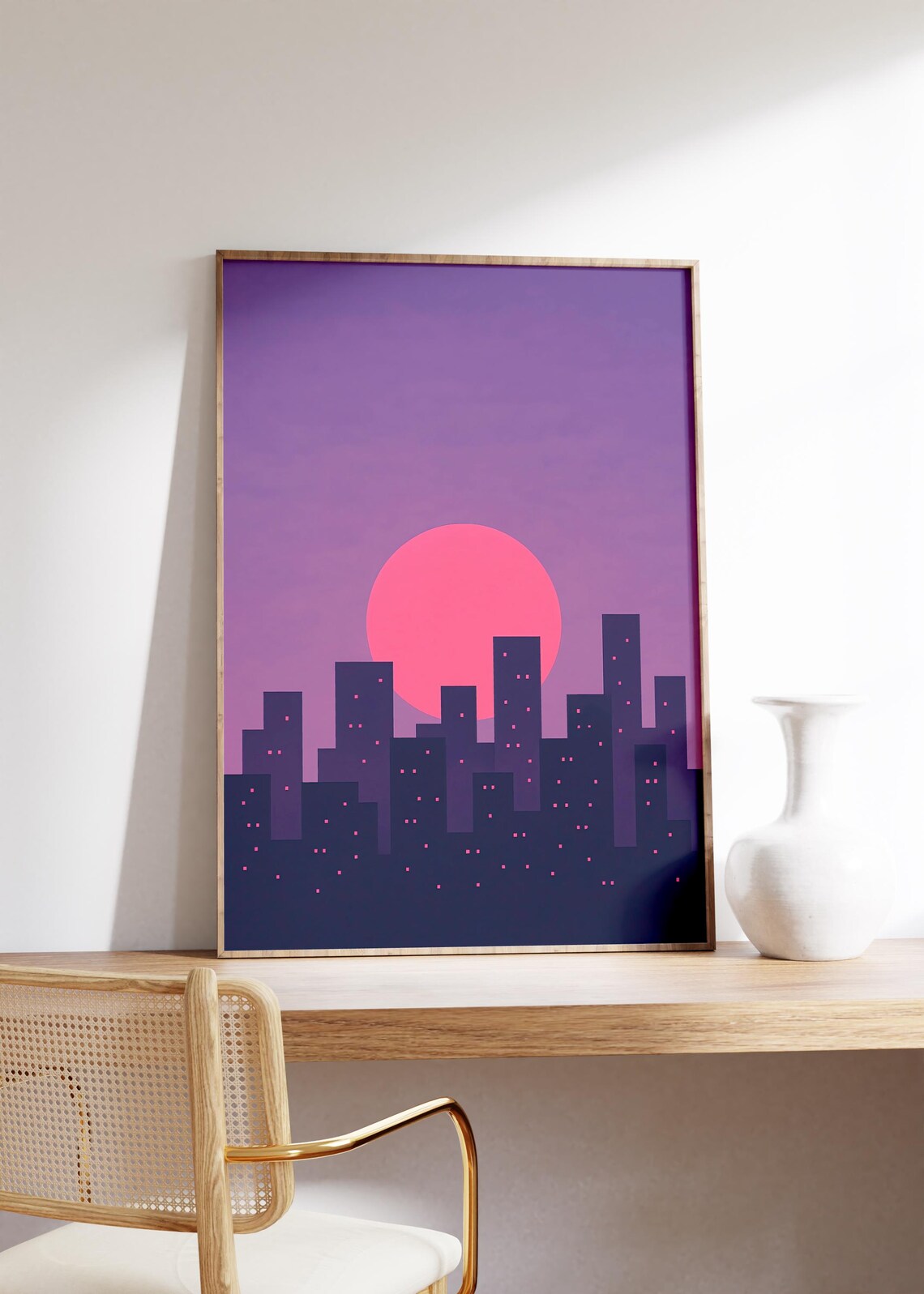 Minimal Neon Skyline At Night Pink Moon Glowing Cityscape Vaporwave Poster