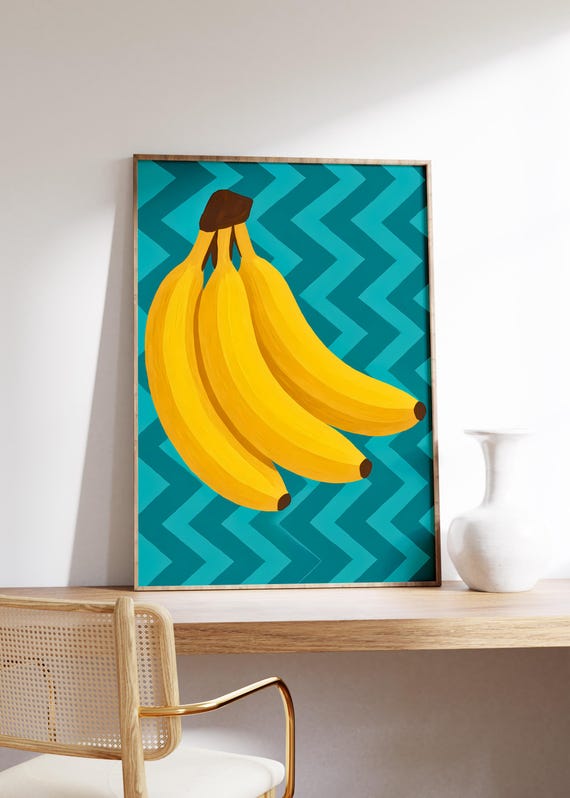 Banana Wall Art Print Bold Tropical Fruit Poster Retro Pop Style Teal Zigzag Background Fun Kitchen Or Gallery Decor