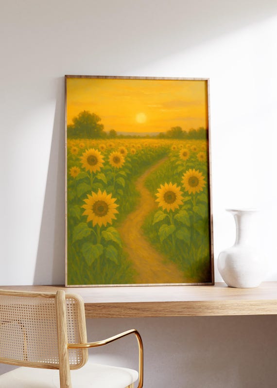 Sunflower Path Wall Art Print Golden Hour Glowsunset Flower Fieldwarm Summer Scenenature Trail Printpeaceful Floral Landscape