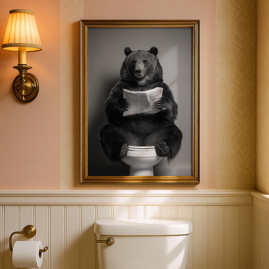 Funny Bear Newspaper Restroom Art Print
